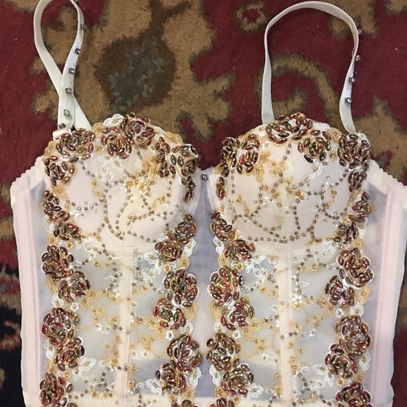 Marciano beaded bustier cream bronze gold rhinestone jeweled crop top w straps - Picture 2 of 2